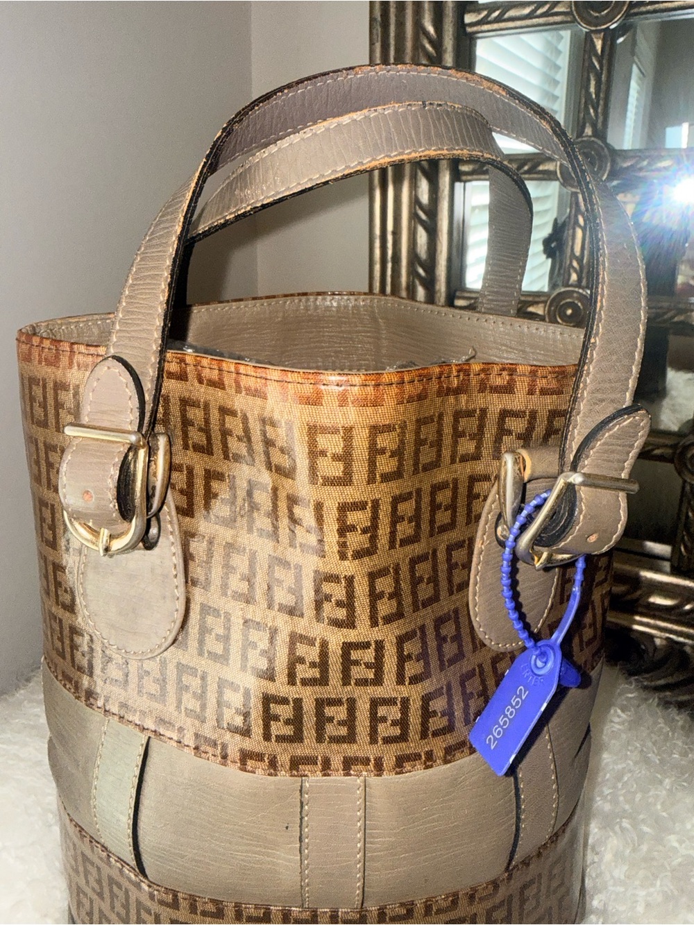 Vintage Fendi Zucchino Palazzo Open Top Bucket Tote Bag Khaki Olive Green Trim